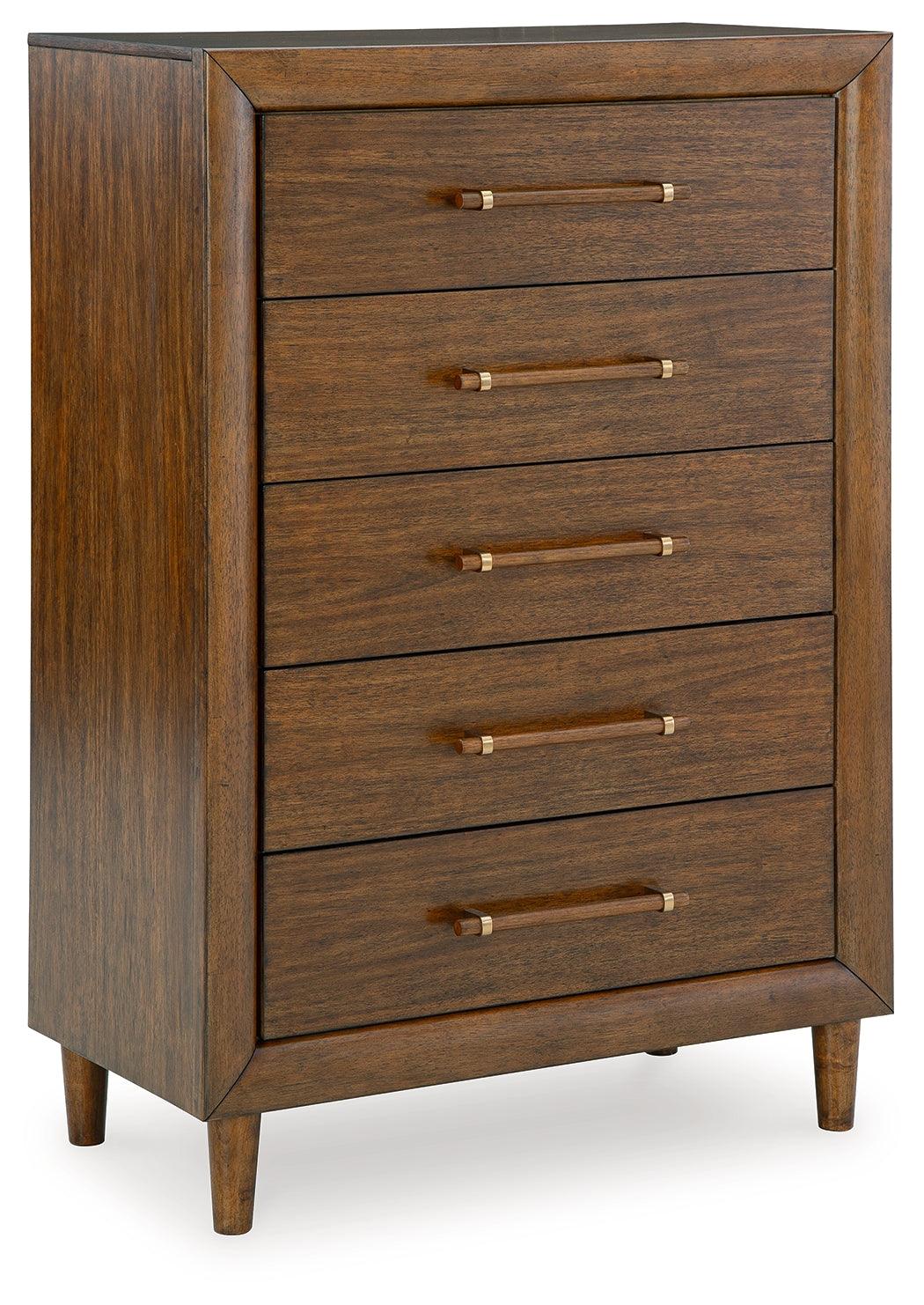 Side view of Lyncott Brown Chest of Drawers with tapered legs