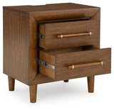 Close-up of Lyncott Nightstand drawer pull and wood grain