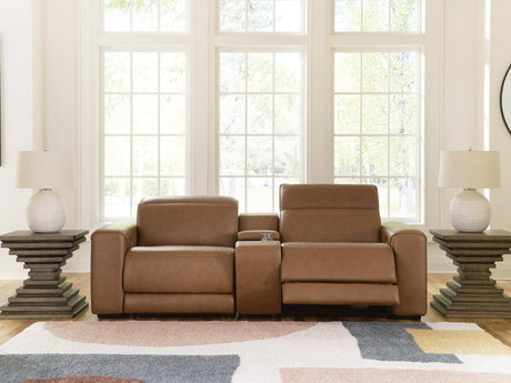 Magic Man Caramel Leather 2-Piece Power Reclining Sectional Loveseat with Console - image 1