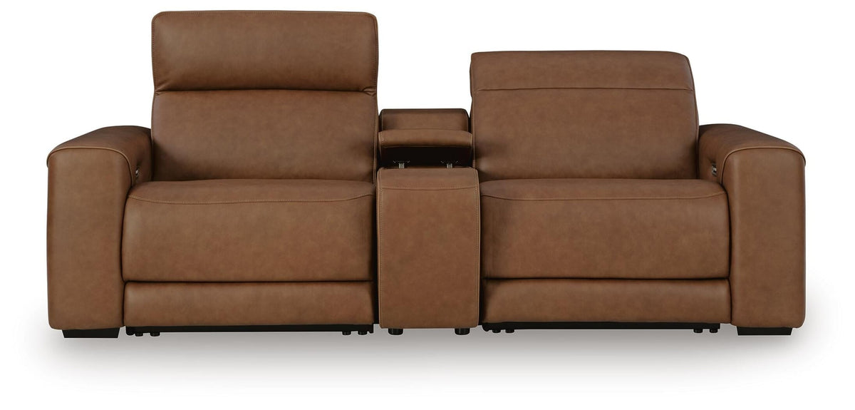 Magic Man Caramel Leather 2-Piece Power Reclining Sectional Loveseat with Console - image 2