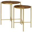 Malka 2-piece round nesting tables with dark brown mango wood tops and gold iron bases - front angle