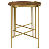Detail of mango wood tabletop on Malka nesting table with dark brown finish