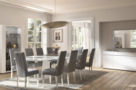 Mara Gray Upholstered Dining Chair side view showing gray upholstery and black frame