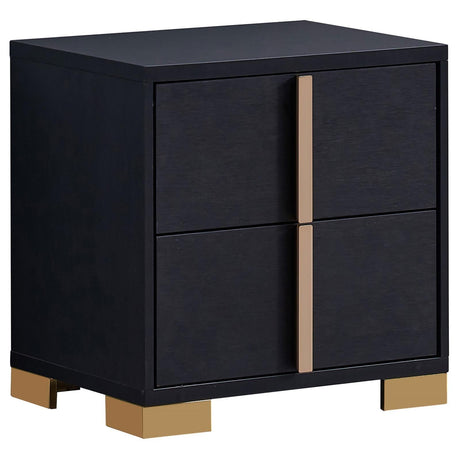 Marceline black nightstand front view showing two drawers and gold metal handles