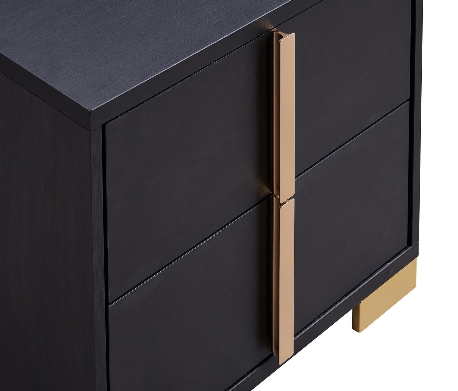 Marceline black nightstand with two drawers and gold hardware, front view