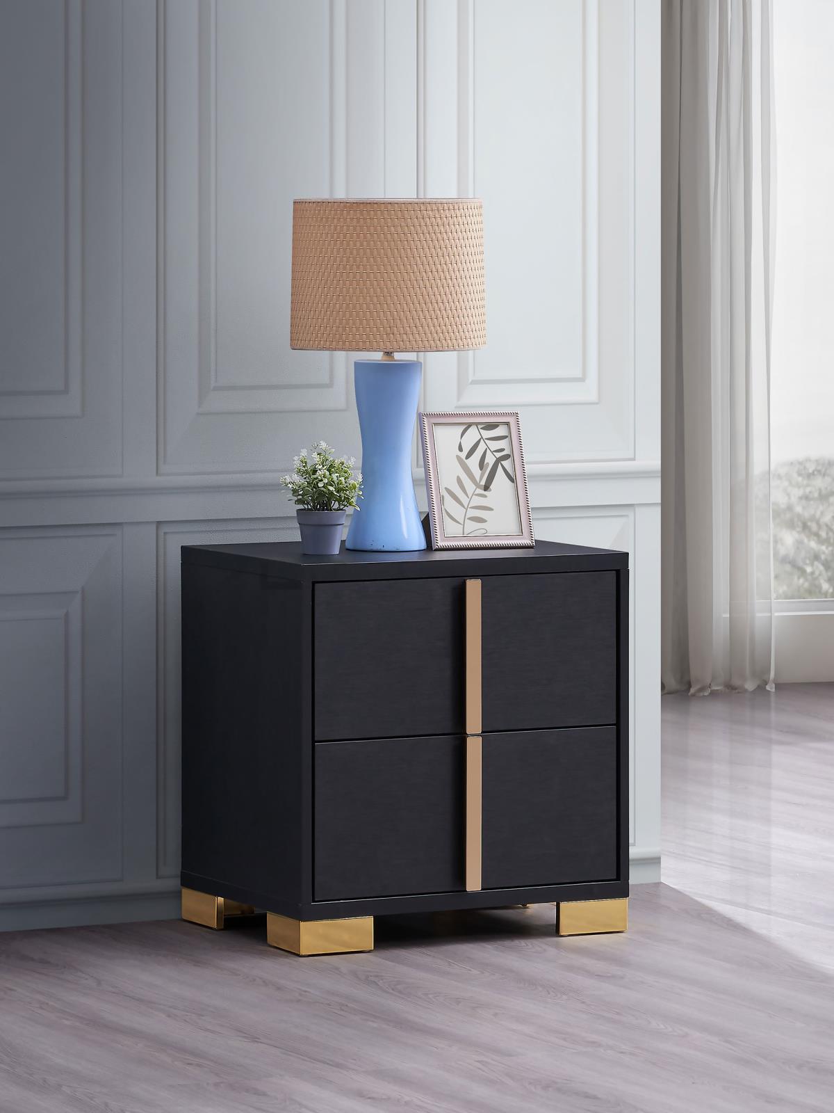 Side angle of Marceline black 2-drawer nightstand highlighting geometric gold accents