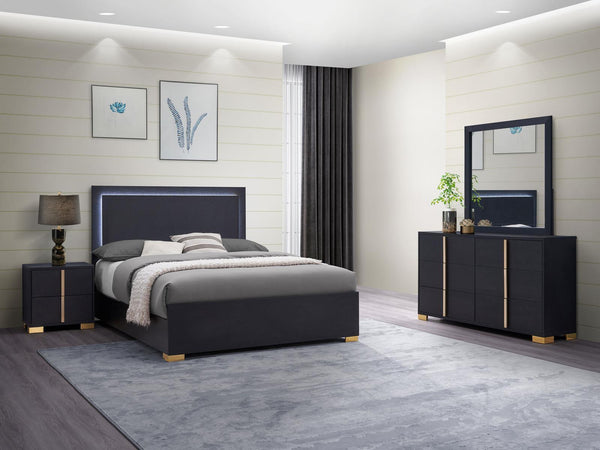 Marceline Full Bedroom Set front view with LED headboard lit