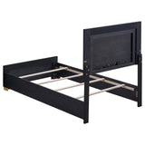 LED-lit squared headboard detail of Marceline twin bed in black