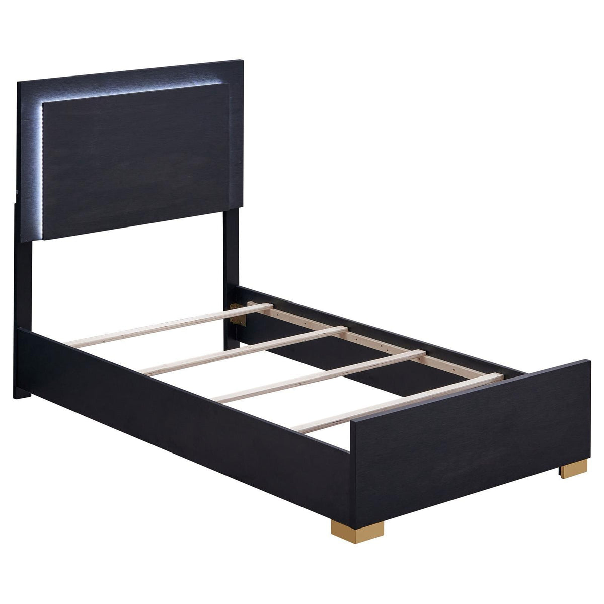 Side angle showing black twin bed with low footboard and LED lighting
