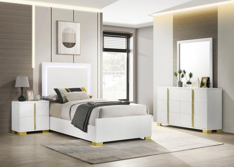 Marceline twin bed with LED-lit headboard in white and gold