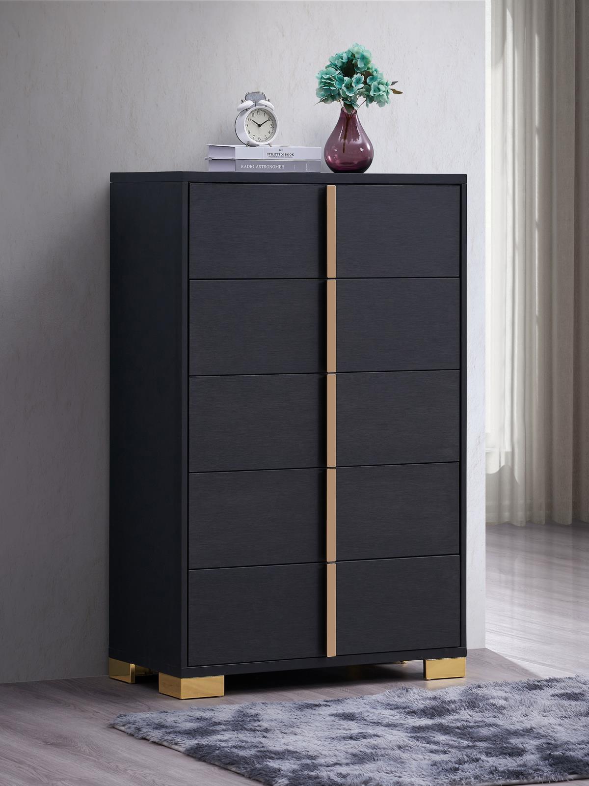 Side angle of Marceline 5-Drawer Black Chest showing drawer details