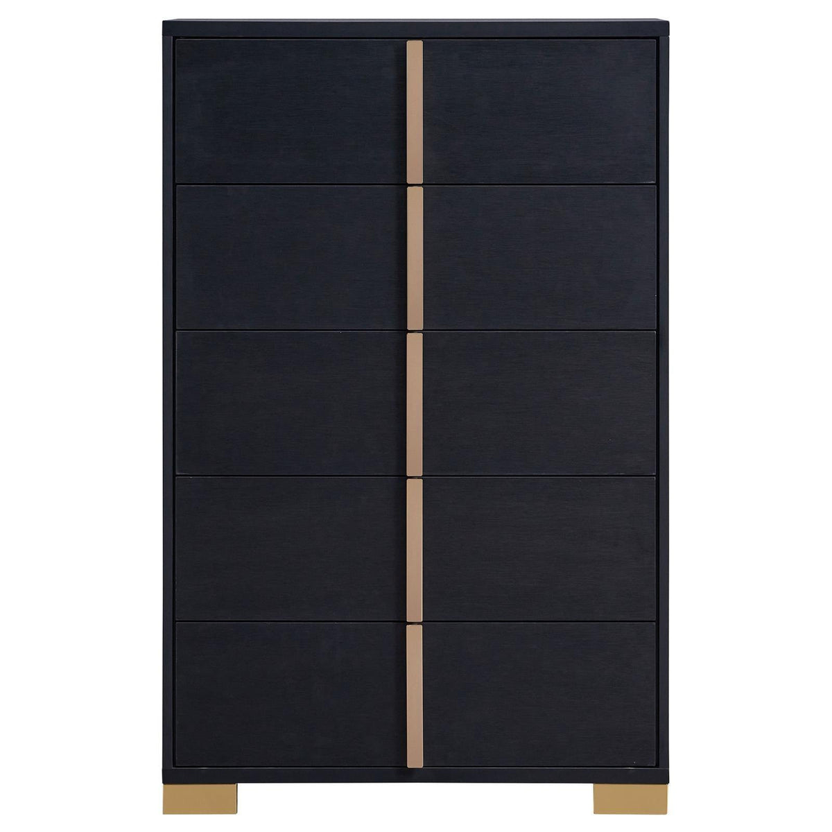 Close-up of gold metal drawer handle on Marceline chest