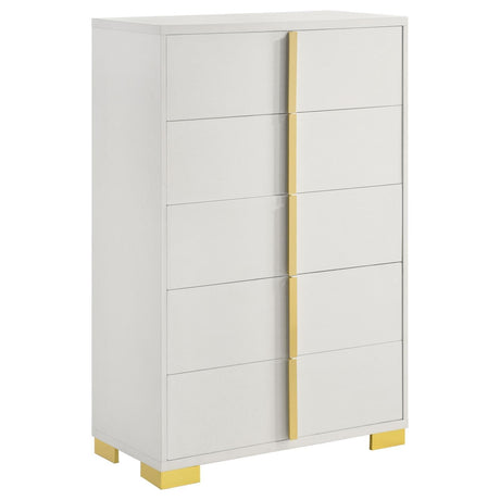 Marceline 5-Drawer White Chest with gold handles front view
