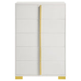 Closeup of gold metal pull handles on Marceline chest drawers