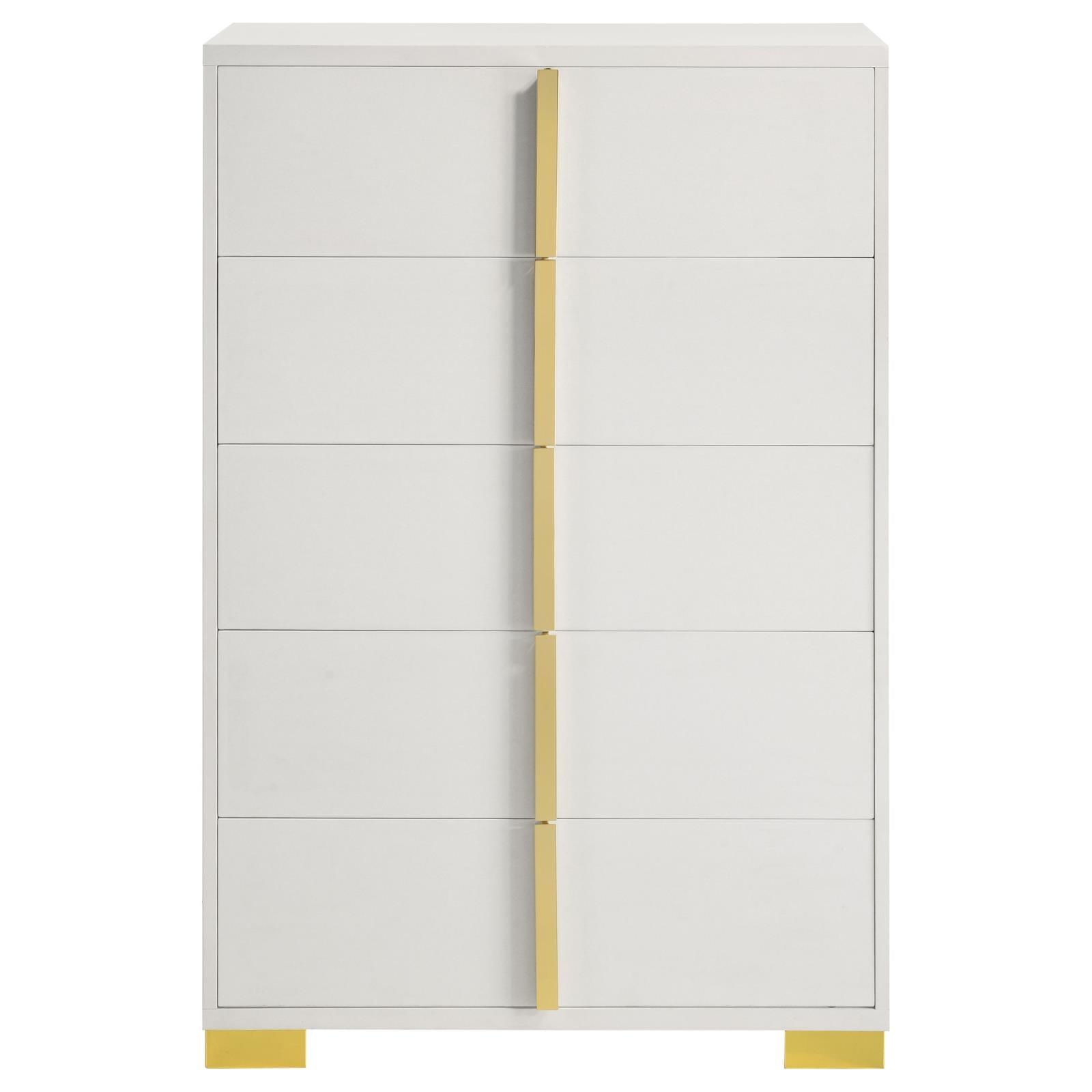 Closeup of gold metal pull handles on Marceline chest drawers