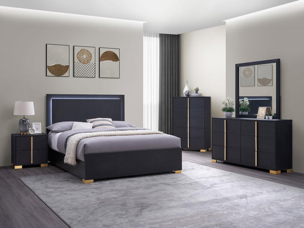 Marceline full bedroom set with LED headboard and gold accents - front view