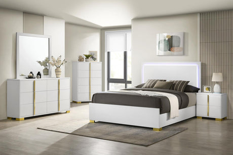 Marceline full bedroom set with LED headboard in white, angled view