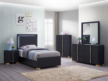 Marceline 5-piece twin bedroom set with LED headboard, angled view