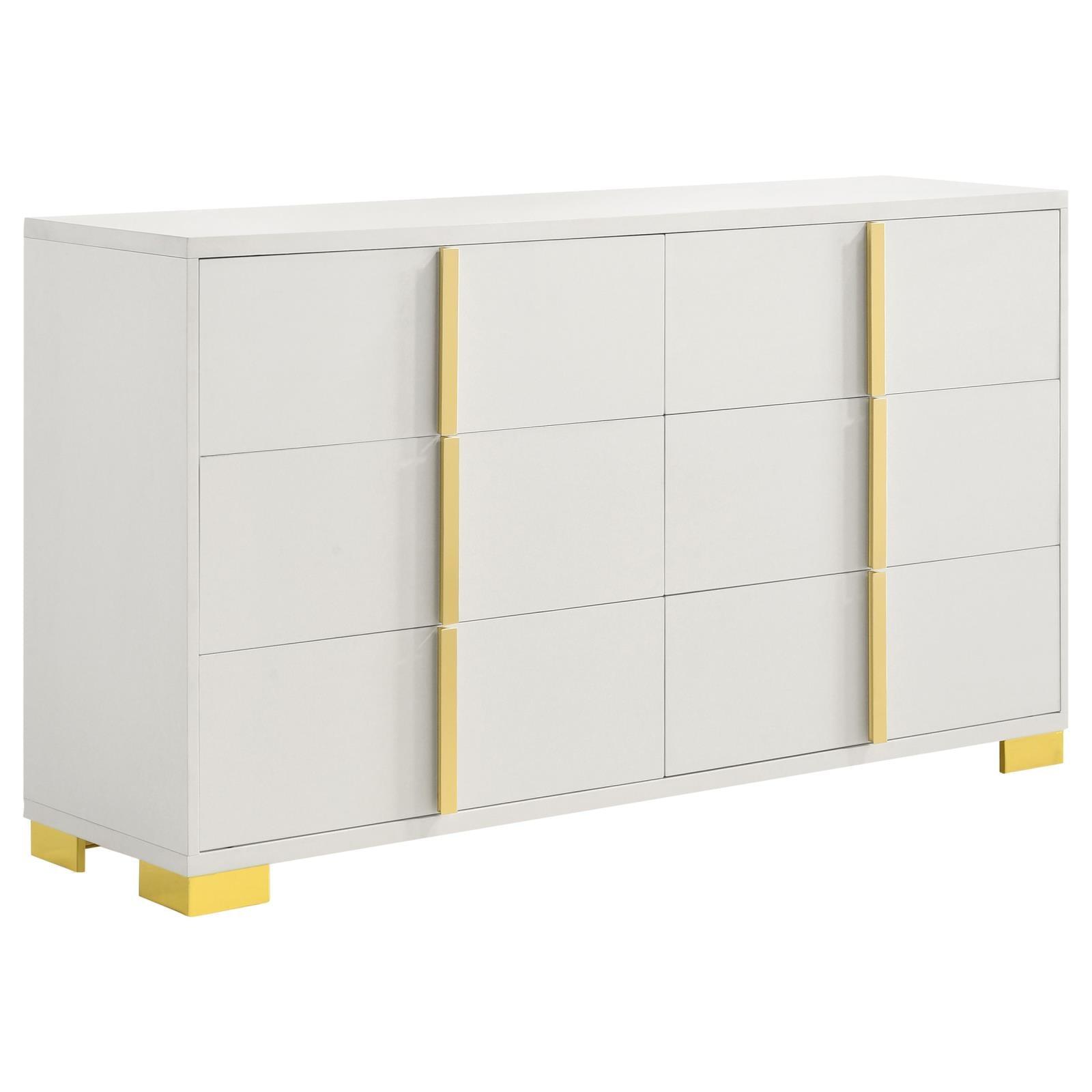 Marceline 6-Drawer White Dresser front angle showing gold metal drawer handles