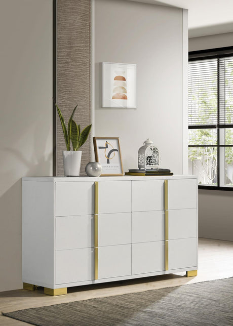 Side view of Marceline 6-Drawer White Dresser highlighting drawer depth