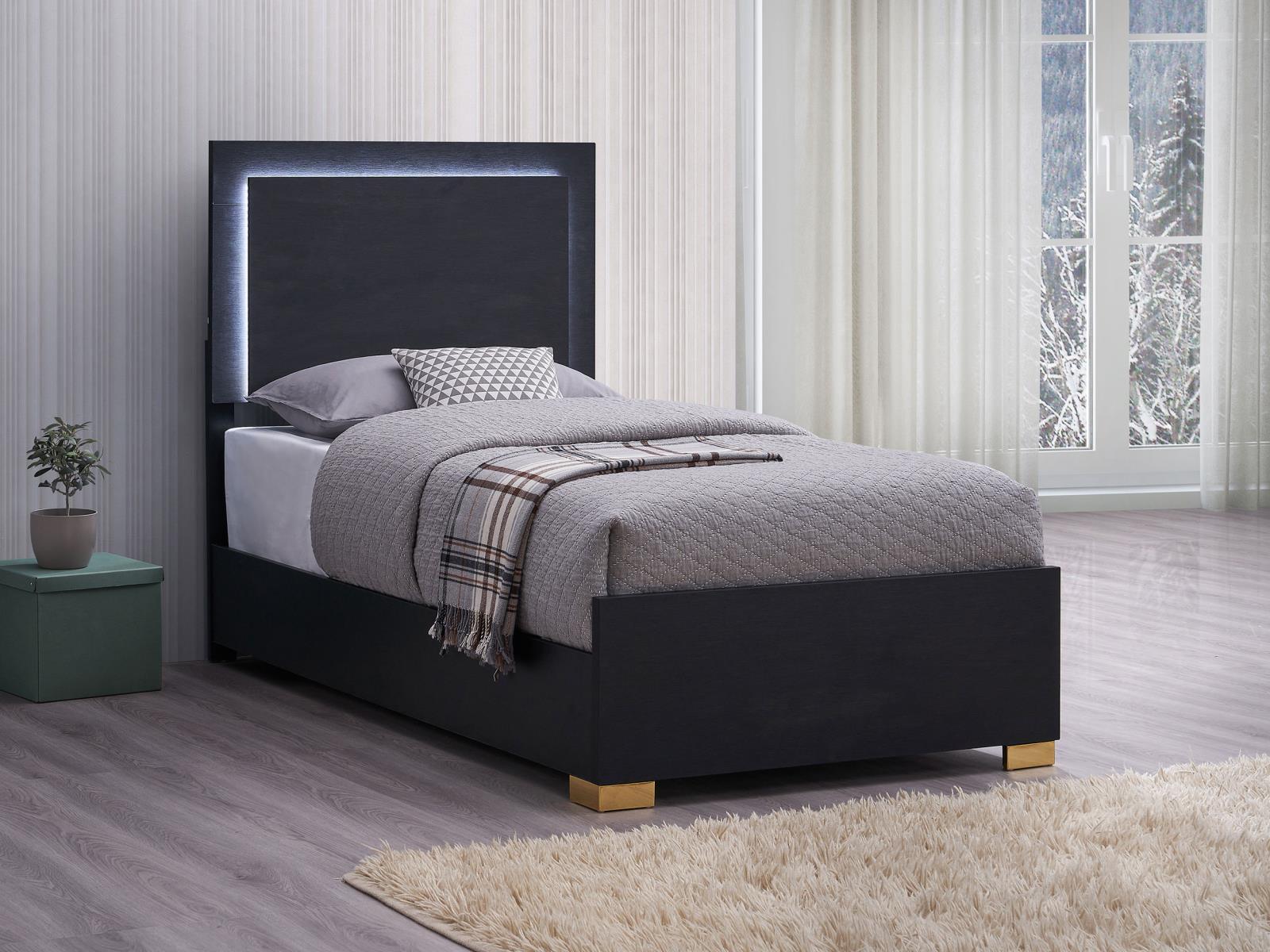 Front view of Marceline Twin Bed with Black LED Headboard