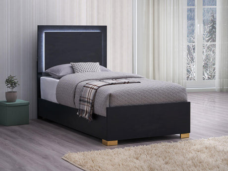 Front view of Marceline Twin Bed with Black LED Headboard