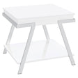 Marcia white high gloss rectangular end table with chrome frame front angle