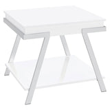 Marcia white high gloss rectangular end table with chrome frame front angle