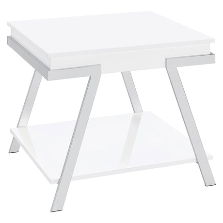 Marcia white high gloss rectangular end table with chrome frame front angle