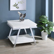 Marcia white high gloss rectangular end table with chrome frame side view