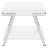 Marcia white high gloss rectangular end table showing shelf detail