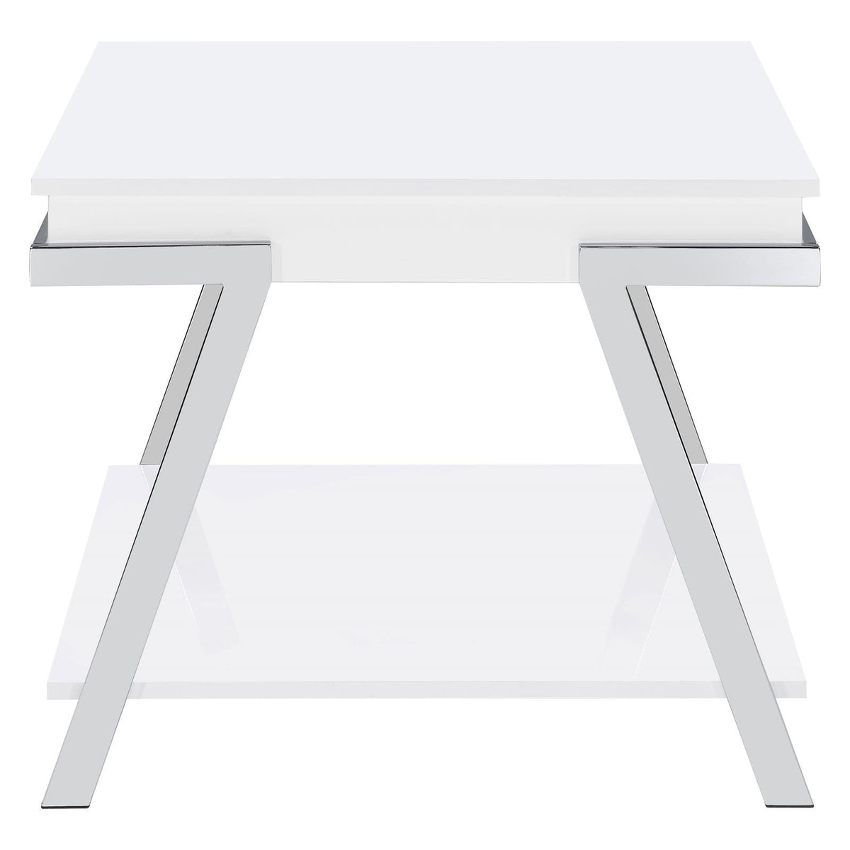 Marcia white high gloss rectangular end table showing shelf detail