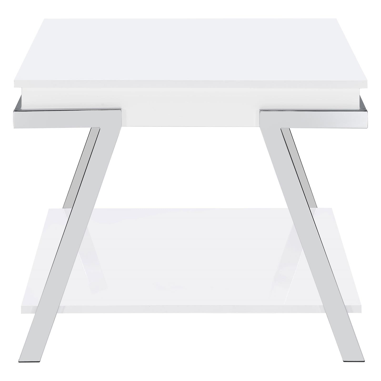 Marcia white high gloss rectangular end table showing shelf detail