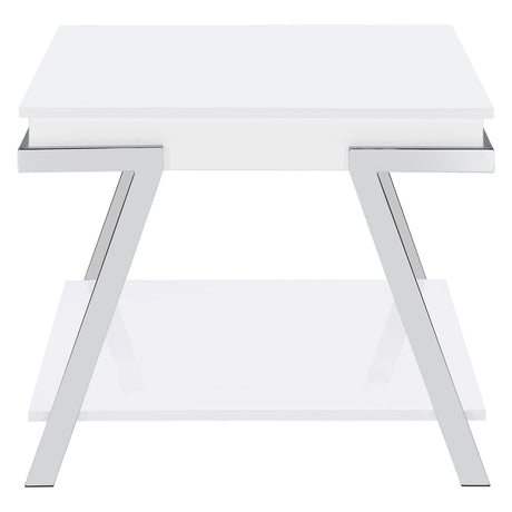 Marcia white high gloss rectangular end table showing shelf detail