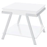 Marcia white high gloss rectangular end table with lower shelf and chrome legs