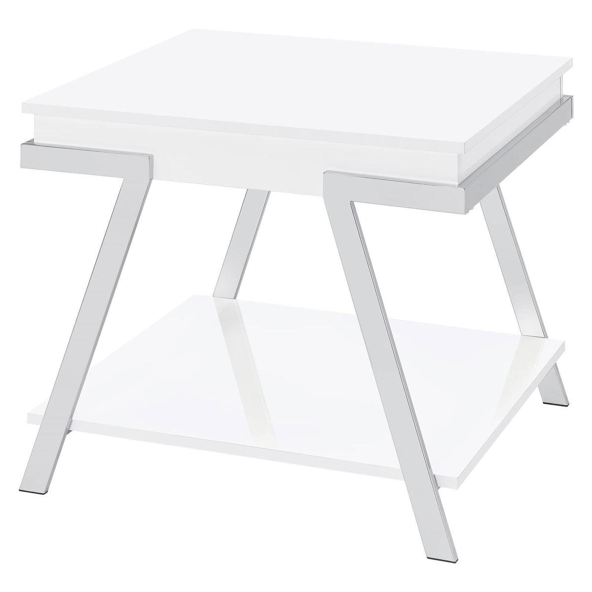 Marcia white high gloss rectangular end table with lower shelf and chrome legs
