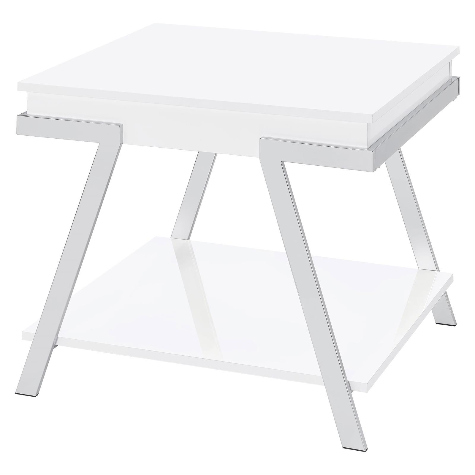 Marcia white high gloss rectangular end table with lower shelf and chrome legs