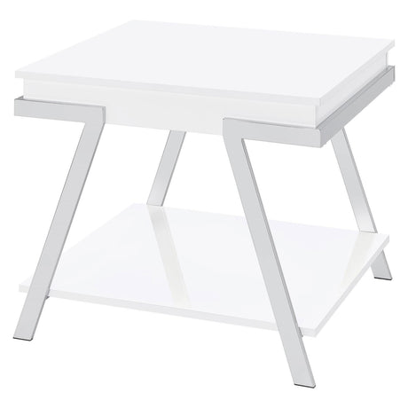 Marcia white high gloss rectangular end table with lower shelf and chrome legs