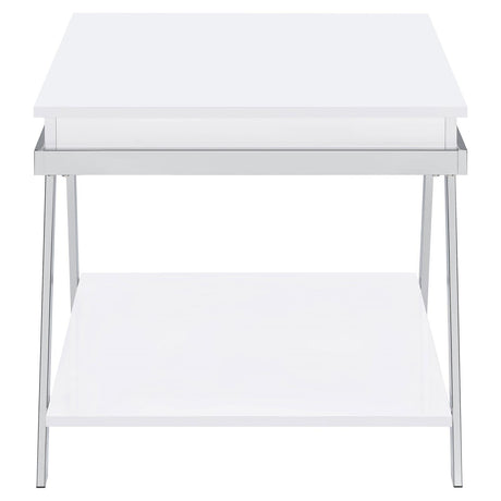 Marcia white high gloss rectangular end table viewed from above