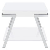 Close-up of chrome metal frame on Marcia white high gloss end table