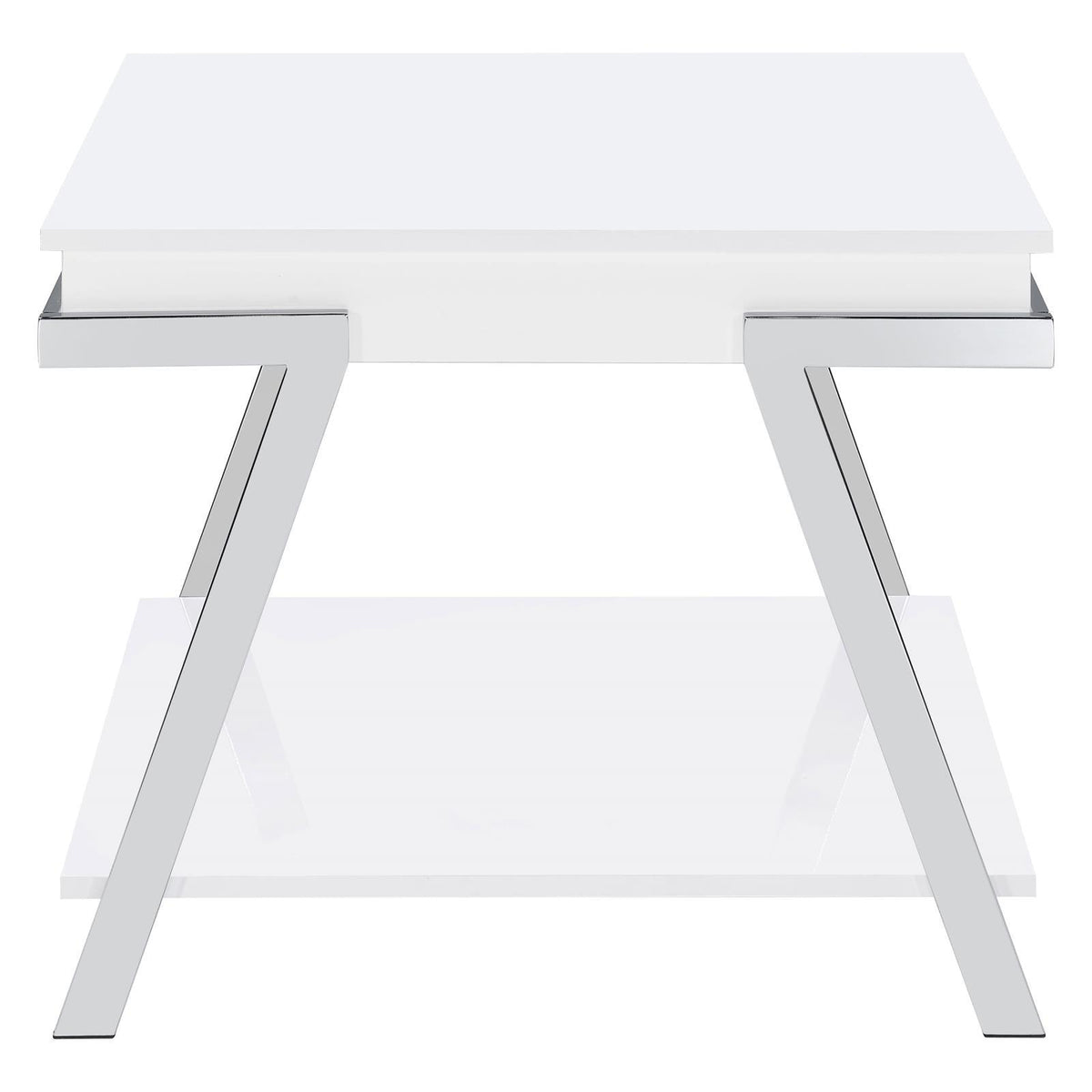 Close-up of chrome metal frame on Marcia white high gloss end table