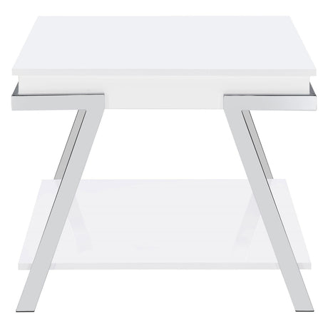 Close-up of chrome metal frame on Marcia white high gloss end table