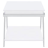 Side angle showing shelf and plastic glides on Marcia end table