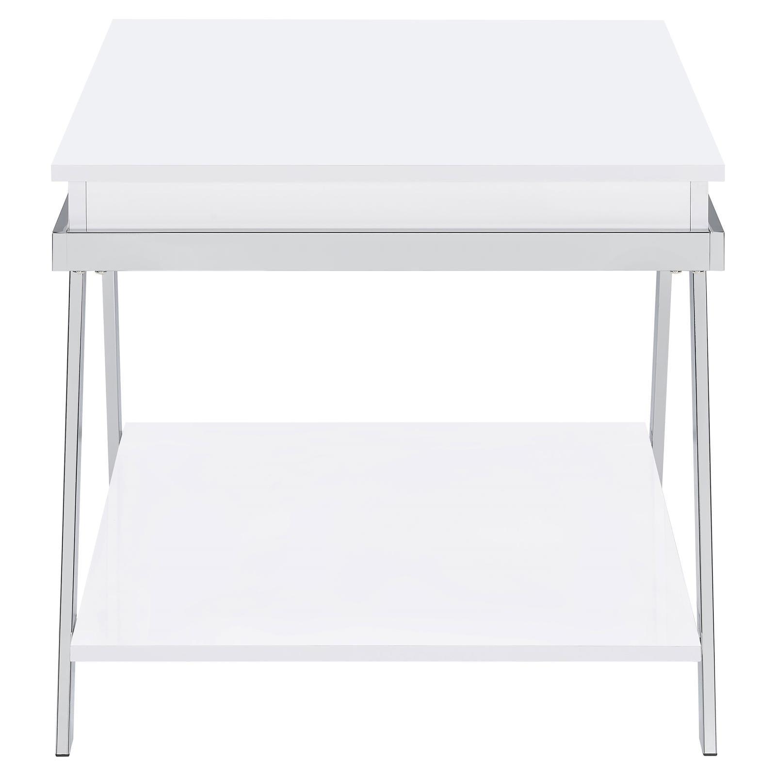 Side angle showing shelf and plastic glides on Marcia end table