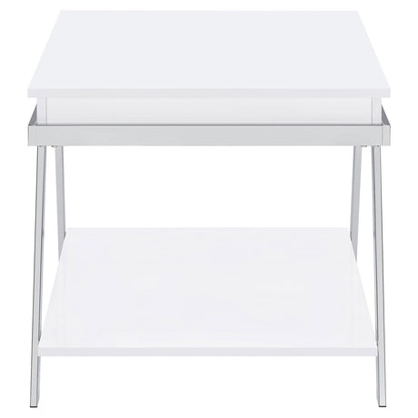 Side angle showing shelf and plastic glides on Marcia end table