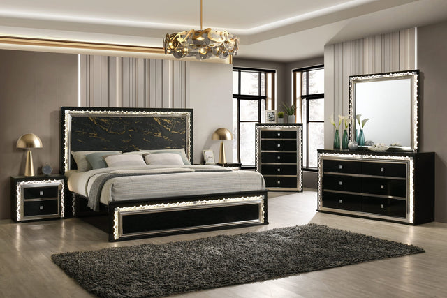 Marco Bold Black Bedroom Set with Marble-Inspired Headboard and LED Crystal Accents from Decor Furniture