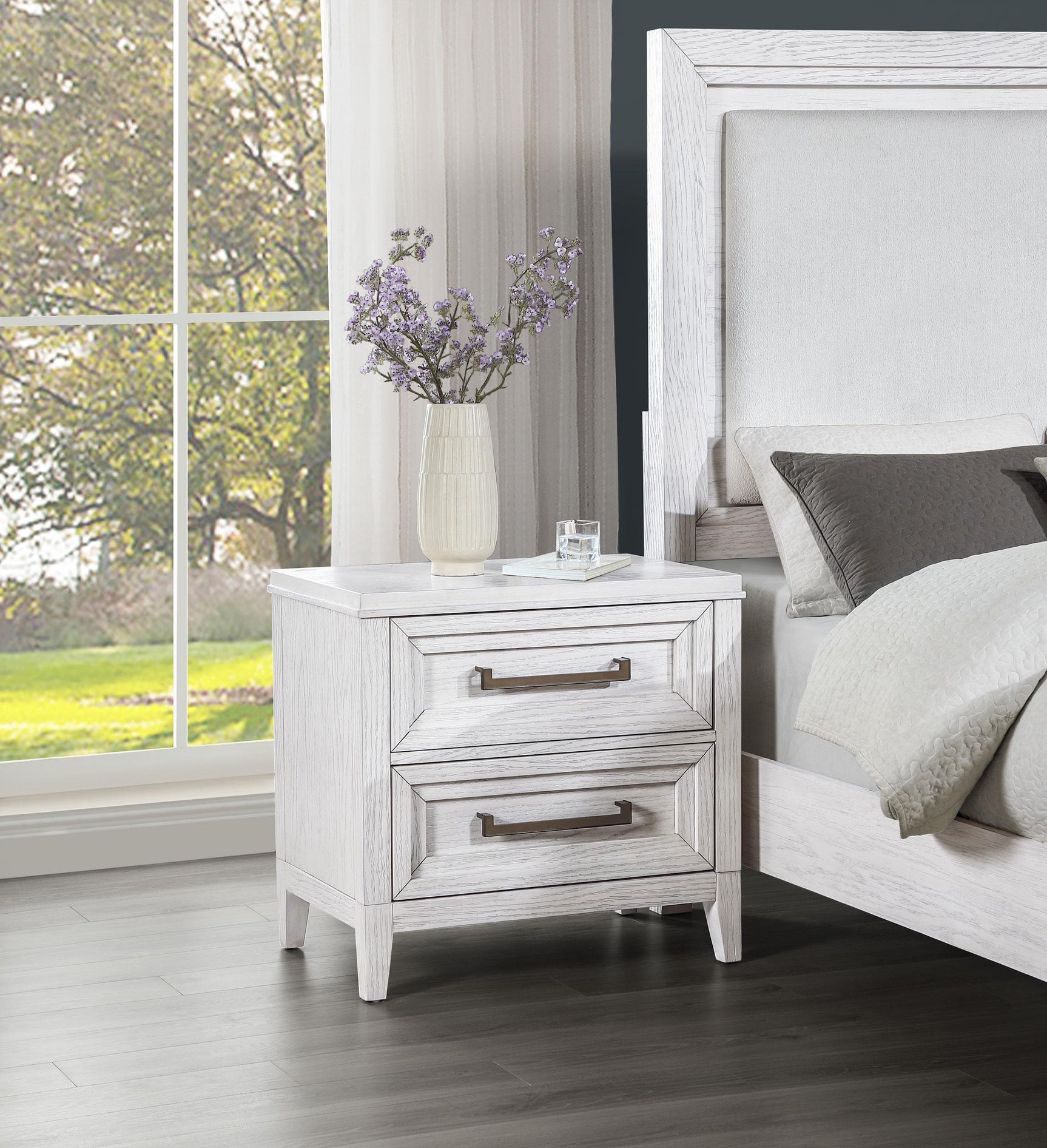 Side angle of Marielle nightstand showing drawer details
