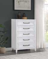 Marielle 5-drawer bedroom chest distressed white side angle