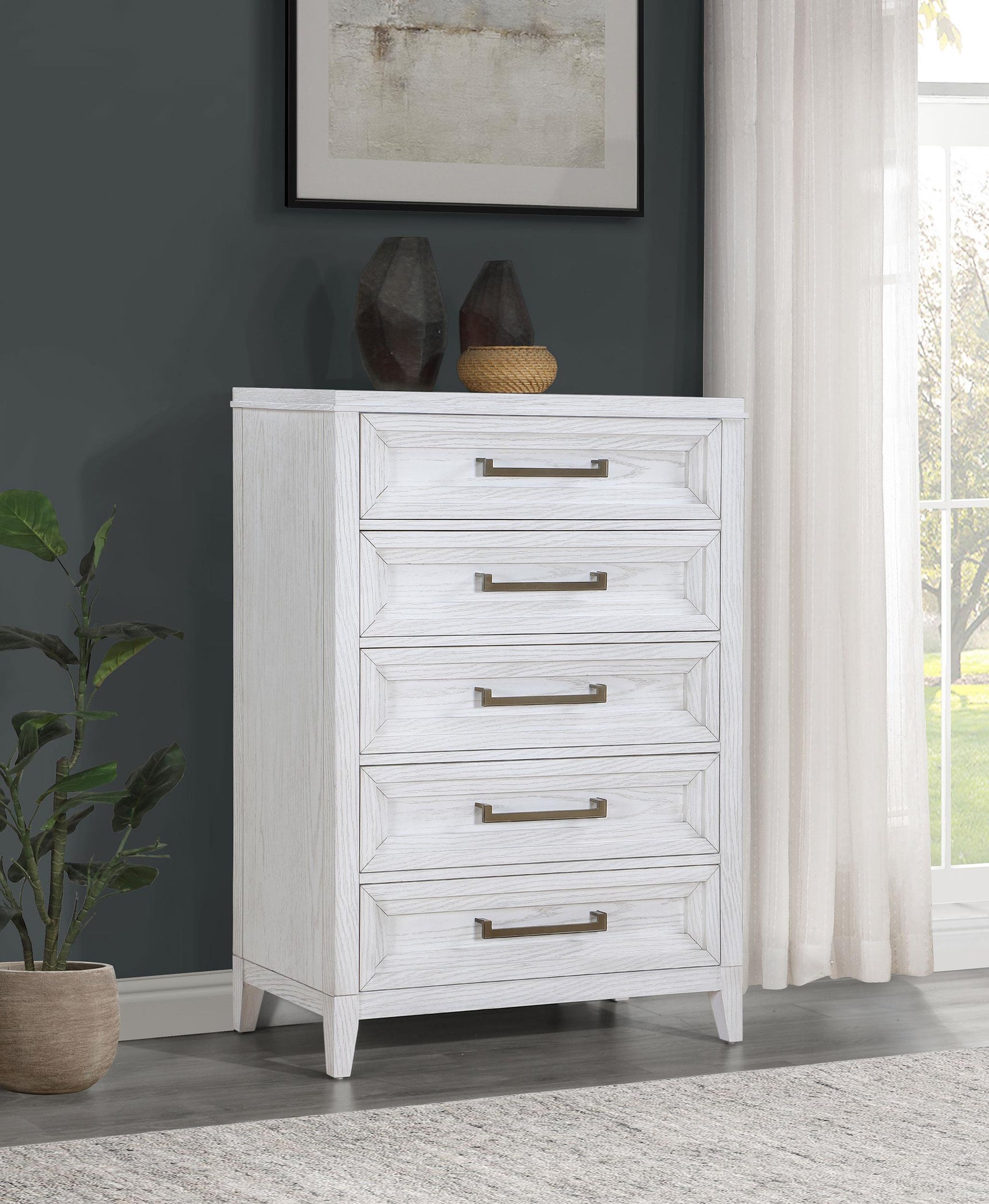 Marielle 5-drawer bedroom chest distressed white side angle