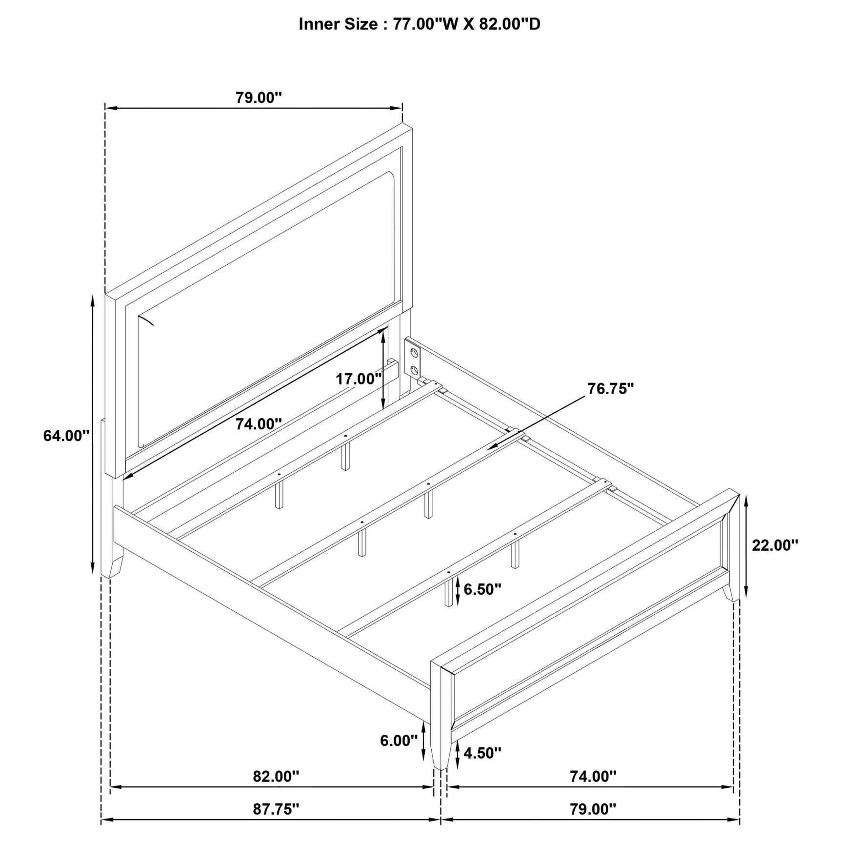 Bed view with mattress, front angle